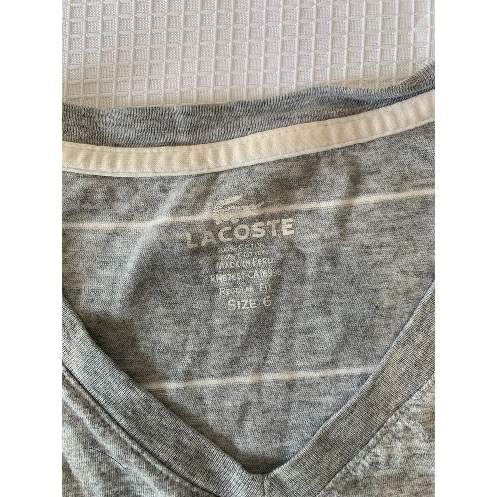 (F-183)Lacoste Men's V-Neck T-Shirt Gray Striped Logo Cotton Size 6 Regular Fit - Picture 5 of 7